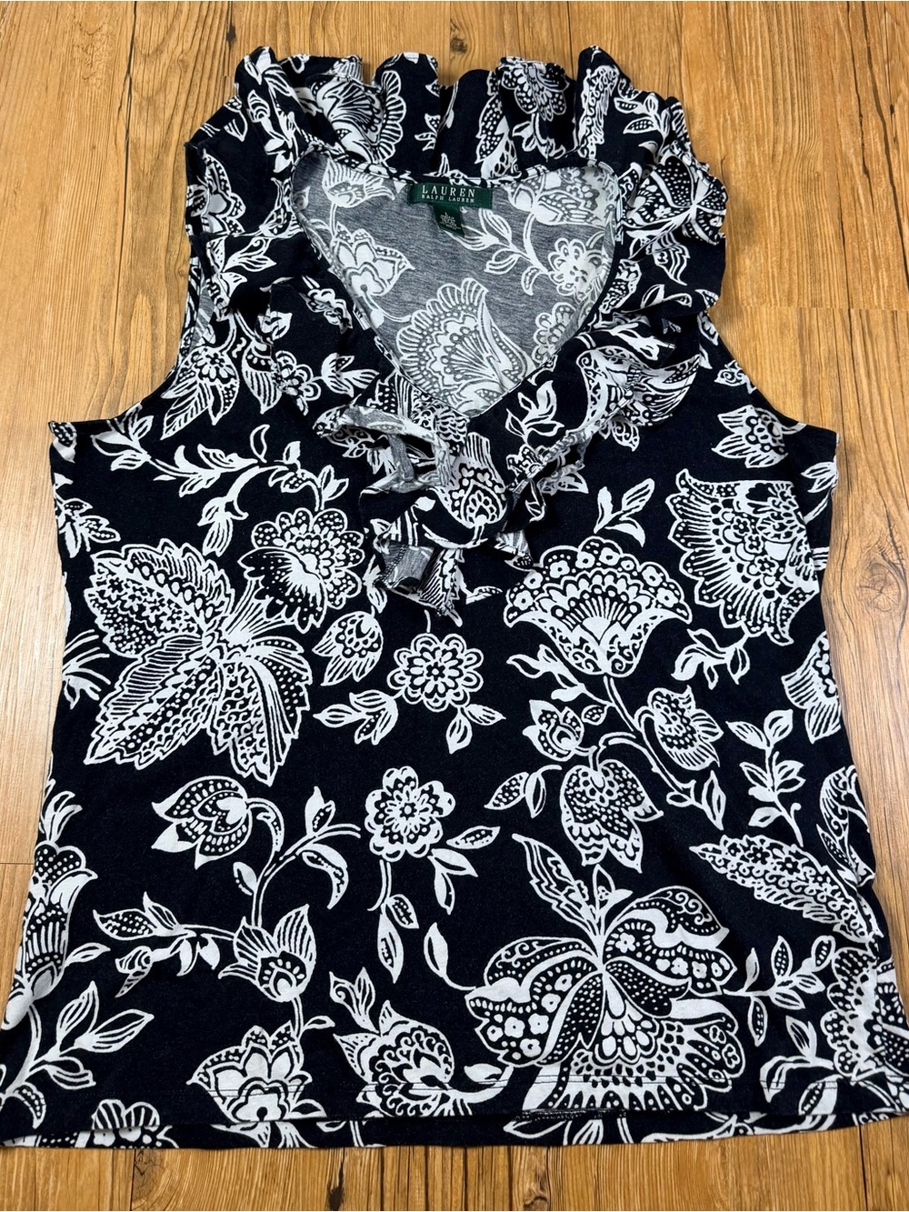 Lauren Ralph Lauren Womens L Floral Ruffle Lace Up Sleeveless Top Black White